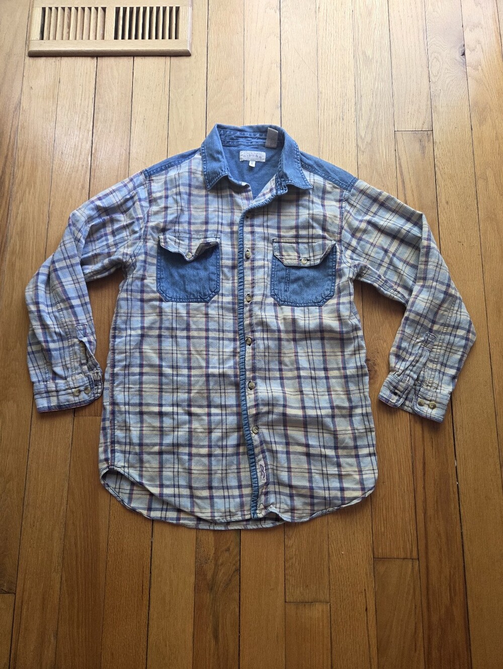 Vintage Riders by Lee Blue and Brown Plaid Button-Down Shirt with Denim Pockets